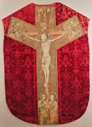 Brodert orfhrey på bohemsk chasubel som skildrer korsfestelsen med jomfru og engler, sent på 1300-tallet (tekstil)